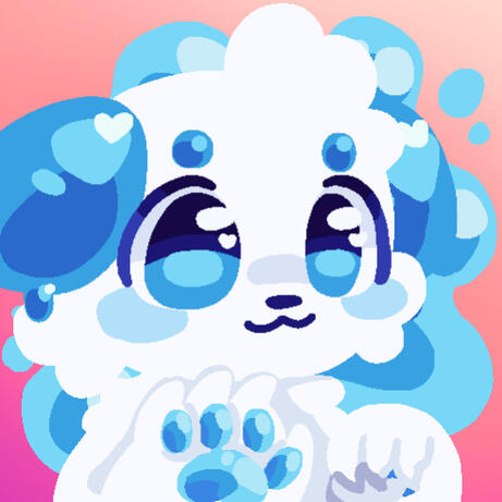 My profile picture! It’s my sona, Snap. She has blue eyes, white fur, and blue blush on her cheeks! She has goopy blue ears and blue paw pads. She looks happy.