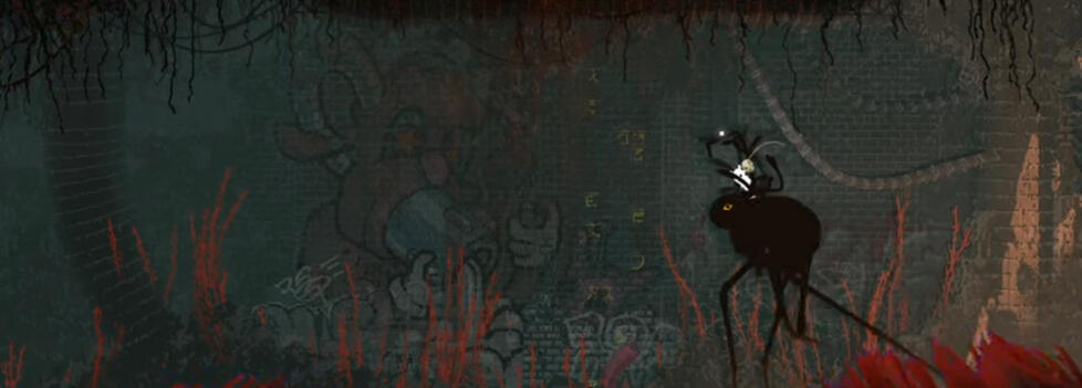 A slug-cat passing through worm-grass in Farm Arrays. The screenshot is taken from the video game, Rain World.