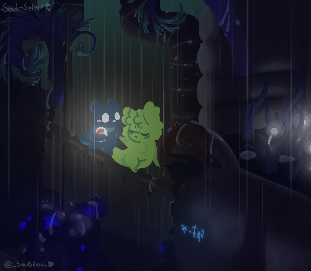 Inv and Saint walking through Inv’s version of Sky Island in the rain. There are black cysts with blue glowing X eyes in many places.