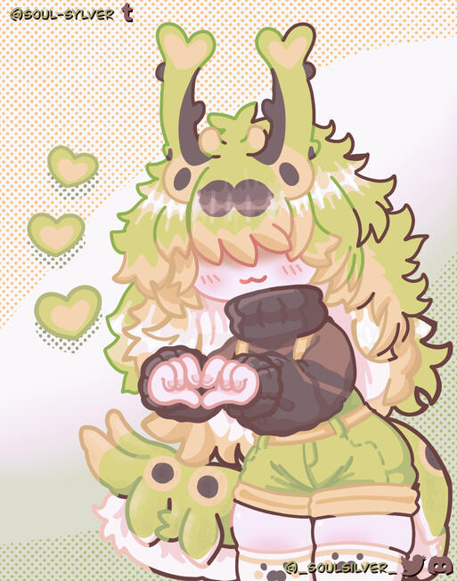 Artwork of @bug_png’s oc, Bug. She is doing a pose, making a heart shape with her hands.