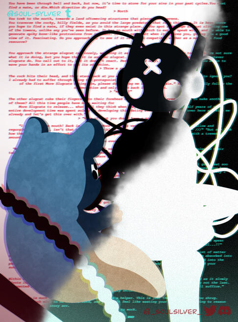 A meeting between the secret ninth slugcat, Inv, and Sliver of Straw from the video game Rain World. There is script behind them from the dating simulator, specifically the script from the Sliver of Straw path from meeting Spearmaster.