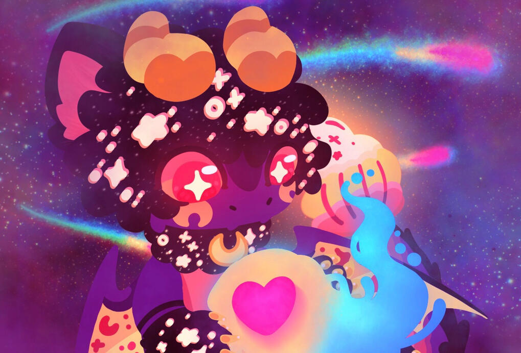 A drawing of Cosmos holding a flame with a heart shining within it. Cosmos is an oc that I designed who belongs to my friend Corbin.